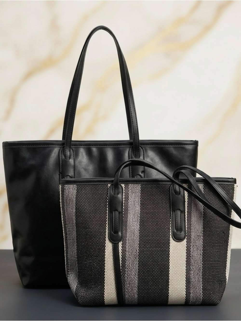 Black Leather Tote with Striped Companion - Black